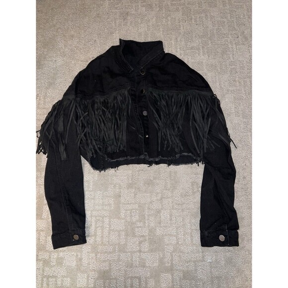 Black Denim Cropped Jacket Fringed Western Style Long Sleeve‎ - Picture 3 of 7